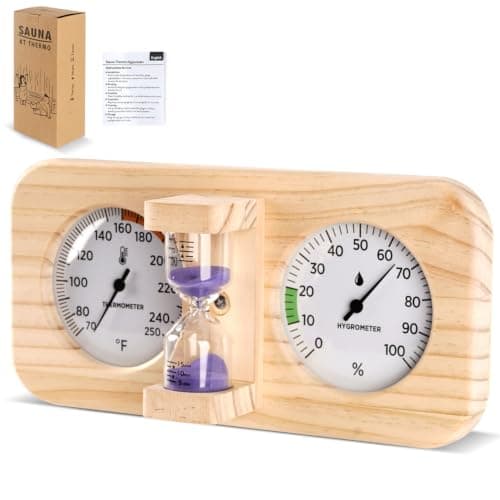 SPOROLWE 3-in-1 Pine Thermometer & Hygrometer with 15-Minute Sand Timer