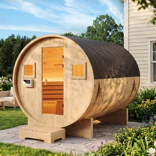 Aoxun Outdoor Barrel Sauna 4-6 Person, 6kW